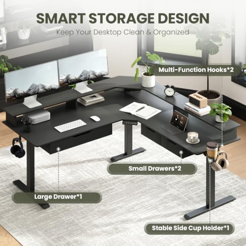MALOL 59" L Shaped Electric Standing Desk with Drawers, Height Adjustable Desk with Power Outlets & LED Lights, Monitor Stand, Corner Computer Desk for Home Office, Black