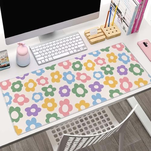 Large Gaming Mouse Pad with Stitched Edges, Colorful Groovy Flowers Desk Mat Extended Keyboard Pad, Non-Slip Rubber Base Desk Pad for Keyboard and Mouse, 31.5X11.8 inch