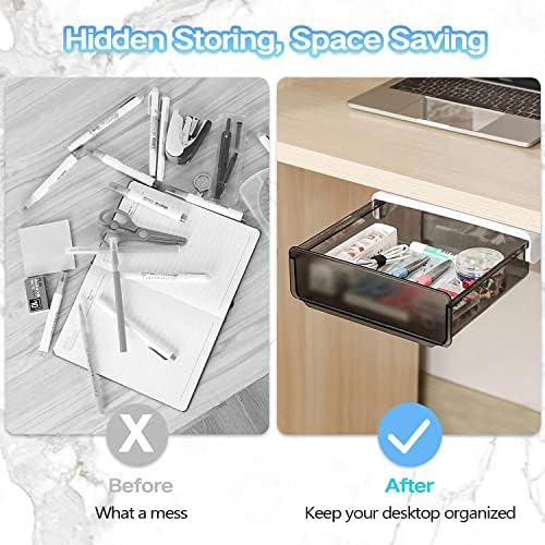OSPNIEEK Self-adhesive Under Desk Drawer Organizer, 2 Pack Table Hidden Slide Out Large Storage Mounted Desktop Pencil Holder Tray Drawers for Office Home School Stationery Kitchen (Large, Black)