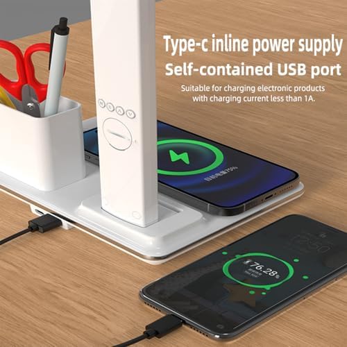 IHAO 7in1 Multi Functional Desk Lamp with Wireless Charger Digital Clock Fast Charging for Phone Earbuds Time/Date/Temp Display Alarm Clock 3 Light Modes Detachable Pen Brush Pot-HYT1771 White