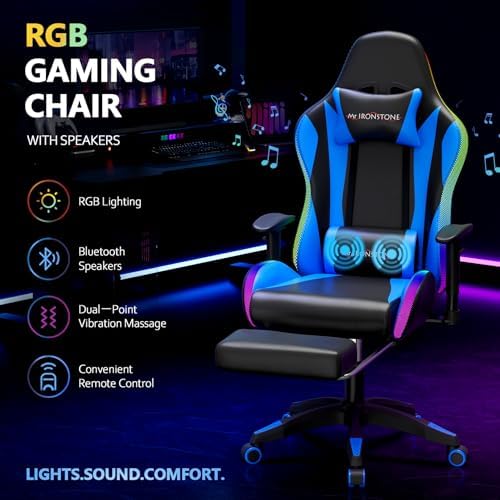 Mr IRONSTONE RGB Gaming Chair with Bluetooth Speakers, Ergonomic Gamer Chair with LED Lights, Vibration Lumbar Support, Footrest and High Back Reclining Design for Adults, Blue