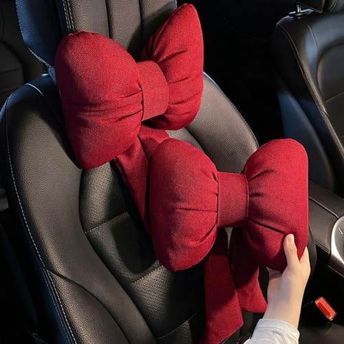 2PCS Chic Car Headrests with Bow-Shaped Cotton Linen Bowknot Neck Pillows for Cozy Road Trip & Cute Interior Decoration (Red)