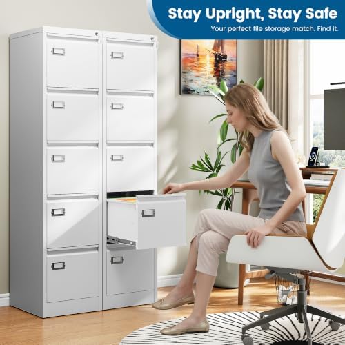 PEUKC 5-Drawer File Cabinet, 16.3" Deep Vertical Metal Filing Cabinet with Lock for Home Office, Anti-Tip 5 Storage Drawers for Letter/Legal/A4/F4 Size (Assemble Required, White)