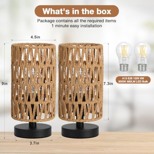 Table Lamps Set of 2 (Rattan Rope Shade - Black Base, 9" Inline Control)