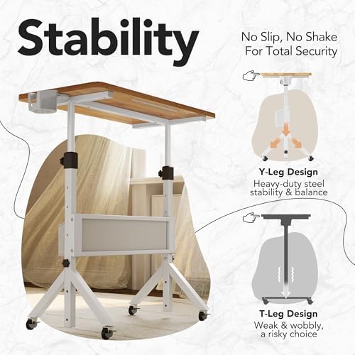 HUANUO Portable Standing Desk Adjustable Height, Mobile Stand Up Desk for Walking Pad and Treadmill, Rolling Computer Table with Wheels, 31.5"x15.75" Height 28.7"-46.1", Light Rustic