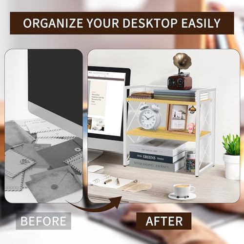 YINMIT Desktop Shelf Organizer, 2 Tier Office Shelves, Wood Desk Organizer Storage Rack and Freestanding Display Shelf for Office, Dormitory, Home (White Wood)