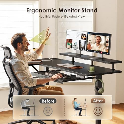 OffiGo 63" Reversible L Shaped Electric Standing Desk, Carbon Fiber Black