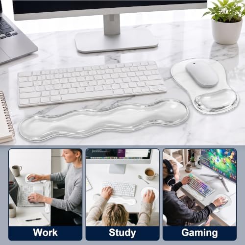 Keyboard Wrist Rest & Ergonomic Mouse Pad with Wrist Rest Set, Cute Transparent Gel Wrist Rest for Keyboard and Mouse, Soft Support for Pain Relief, Office, Gaming Desk Accessories（White）