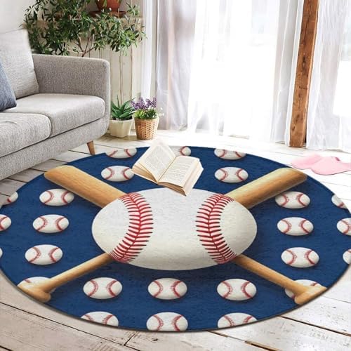 Men's Large Home Decor Mat, Soft Round Yoga Carpet, Non Slip Machine Washable Home Office Circle Rug Baseball