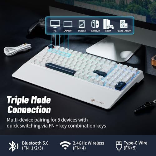 Wireless Mechanical Keyboard with Wrist Rest,Tri-Mode BT5.0/2.4GHz/USB-C Hot Swappable Custom Keyboard,Pre-lubed Clicky Switches,RGB Backlit Computer Gaming Keyboards for PC/Tablet/PS/Xbox(White)