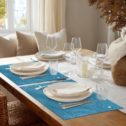 Shrahala Concentric Ripples Placemats, Blue with White Circles Stars Table Mat Linen Burlap Washable Double-Deck Heat Insulation for Dining/Kitchen Table Set of 6 (12 X 18 Inch)