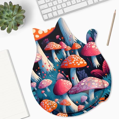 Ergonomic Mouse Pad with Wrist Rest, Cute Cat Memory Foam Padded Pain Relief Non-Slip Wrist Support Mouse Mat for Gaming Work Computer Laptop, Funny Office Supplies Desk Accessory, Mushrooms