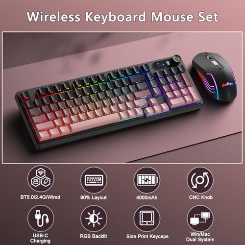 BlueFinger Wireless Gaming Keyboard and Mouse Combo, RGB Backlit, Tri-Mode Bluetooth/2.4G/USB-C Wired, 98 Keys Quiet Keyboard with Number Pad, Volume Knob & Screen, 4800 DPI Mouse for PC/Mac/Laptop