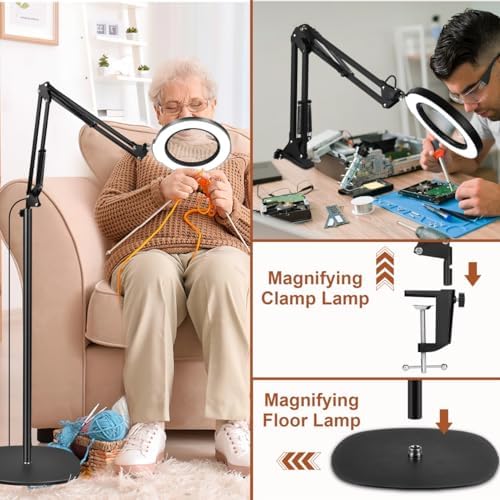 LANCOSC 15X Magnifying Glass with Light and Stand, Real Glass Lens, 5 Color Modes Dimmable, 3-in-1 Adjustable Swing Floor Lamp, LED Lighted Hands Free Magnifier & Clamp for Reading, Crafts, Painting