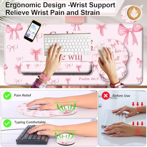 4 in 1 Mouse Pad Set with Wrist Rest for Keyboard,Desk Mat,Coaster-Pink Bow