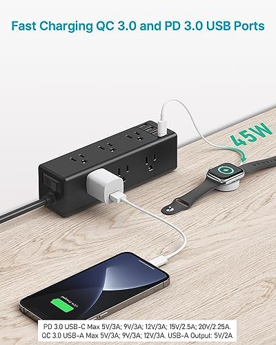 CCCEI Desk Clamp Power Strip with 9 Outlets, Desktop Edge Mount Surge Protector with USB-A and 45W USB-C Ports, Widely Spaced Desk Outlet Fast Charging Station, 10 FT Flat Plug, Fit 1.6 inch Table.