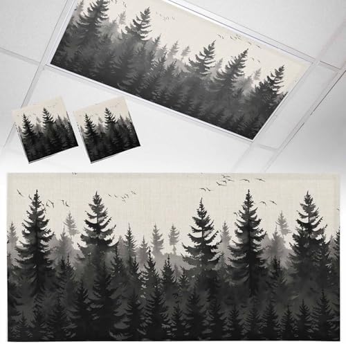 Forest Birds Magnetic Fluorescent Light Covers for Ceiling Lights 2 x 4 Feet,Vintage Pine Tree Animal Landscape Beige Office Classroom Kitchen Drop Ceiling Light Covers Filters Shade Panel 2 Packs