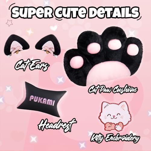 Black Gaming Chair with Cat Ears and Cat Paw Lumbar Cushion, Ergonomic Gaming Computer Desk Chair with Footrest and Linked Armrests, Comfortable Cute Cat PU Leather Game Chair for Girls and Adults