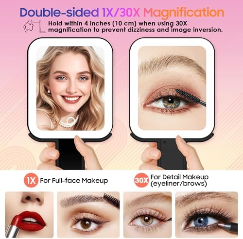 GOMIPURU Magnifying Travel Mirror with Light, 30X/1X Double-Sided Magnifying Mirror with 3 Color Lights, Brightness Adjustable, Foldable Handheld Makeup Mirrors Portable for Travel and Desktop, Dark