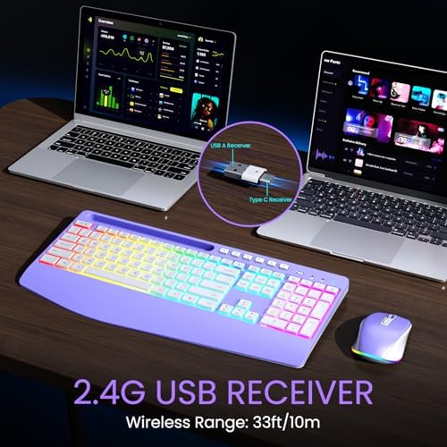 Wireless Keyboard and Mouse Combo- VEILZOR 2.4G Rechargeable Keyboard with Phone Holder, Ergonomic Wrist Rest, 9 RGB Backlit Effects, Silent Keyboard Mouse Set for Windows, Laptop, PC