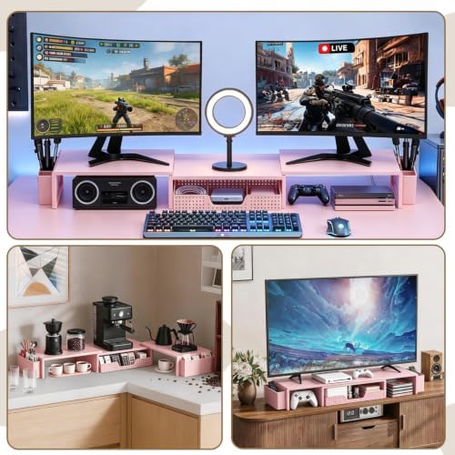 LEKETREE Dual Monitor Stand Riser with Drawer and 2 Pen Holders, Pink