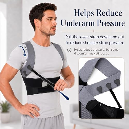 Posture Corrector for Men, Adjustable Upper Back Brace with Breathable Mesh Back, 4 Flexible Support Stays & Underarm Fit Adjustment, Back Straightener Helps Reduce Slouching Strain for Desk Work, Sitting, Reading & Posture Training