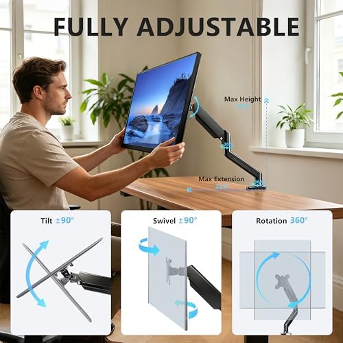 Single Monitor Arm, Fully Adjustable Monitor Mount Fits 13-32 Inch Flat/Curved Screens, Gas Spring Monitor Desk Mount with Clamp & Grommet Base, VESA 75x75/100x100mm, Holds Up to 19.8 lbs