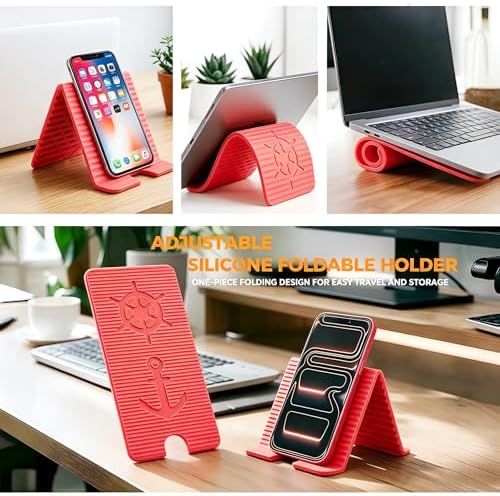 Flexible Silicone Aluminum Phone Holder Tablet Stand with Charging Port Design, Foldable Airplane Laptop/Phone Stand for Home Office Travel (Pink)