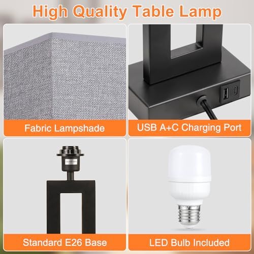Seealle 22" Tall Living Room Lamps for Night Stands - Touch Bedside Lamp with USB C+A, 3 Way Dimmable Bedroom Lamps for End Tables Set of 2, Modern Night Stand Lamps for Bed Side(Grey&Black)