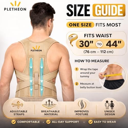Posture Corrector for Men & Women by Plethon – Adjustable Back Brace, Clavicle Support & Upper Back Straightener for Better Sitting and Standing Posture, Fits 30–46 Inch Waist (Beige)