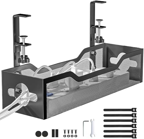 Under Desk Cable Management Tray Black, Litwaro Cable Management Under Desk No Drill, Cable Organizer with Clamp for Wire Management, Cord Organizer No Damage to Desk for Office, Home