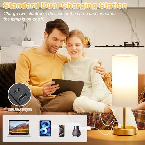 Dicoool Bedside Table Lamp for Bedroom - 3-Way Dimmable Touch Lamp, USB A+C