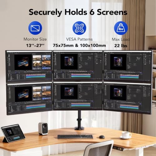 HUANUO Six Monitor Mount for 13–27 Inch Screens, Hex Monitor Stand with 33.8″ Taller Height Range, Fully Adjustable Heavy Duty Articulating Computer Stand, Holds up to 22 lbs, VESA 75x75/100x100mm