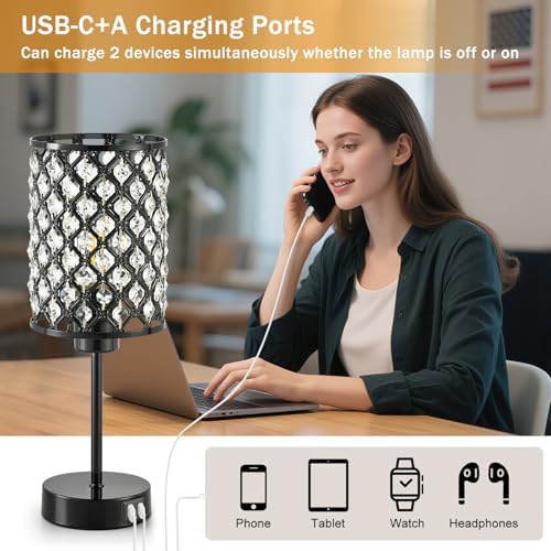 GyroVu Black Crystal Bedside Table Lamps Set of 2 with USB C+A Ports