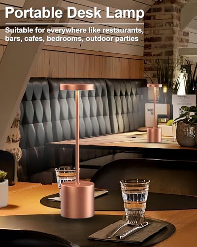 Swinerton Cordless Table Lamps Rechargeable, Portable LED Desk Lamp, 5000mAh Battery Powered Wireless Table Light - 3 Color Dimmable Lighting for Restaurant Dining Patio Outdoor Bedroom(Rose Gold)