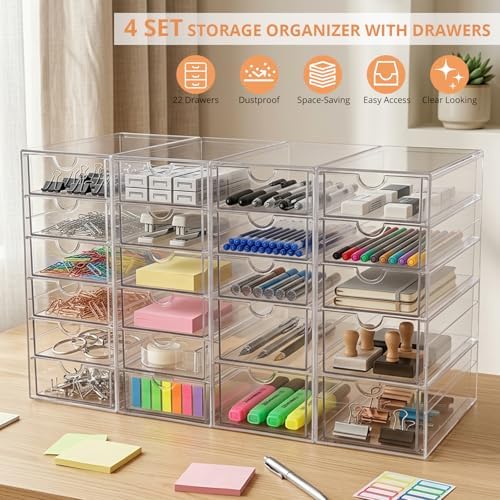 DOMNIU Acrylic Makeup Drawer Storage Organizer with 22 Drawers, 4 Set