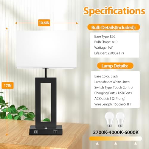 Kondras Set of 2 Table Lamps for Bedrooms, 3-Color Temperatures Touch Control Bedside Lamps with 2 USB Ports&AC Outlet, Stepless Dimmable Living Room Lamps for Nightstand, Bulbs Included, White&Black