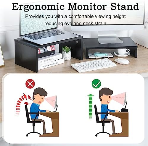 TEAMIX 2-Pack Monitor & Laptop Stand Riser,Wood High-Low Dual Monitor Setup