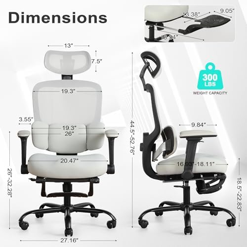 Ergonomic Office Chair with 4D Flip-Up Arms & Footrest, Mesh Desk Gaming Chair with 3D Headrest & 2D Floating Wing Lumbar Support, High Back Computer Chair for Home Office Vanity, Grey