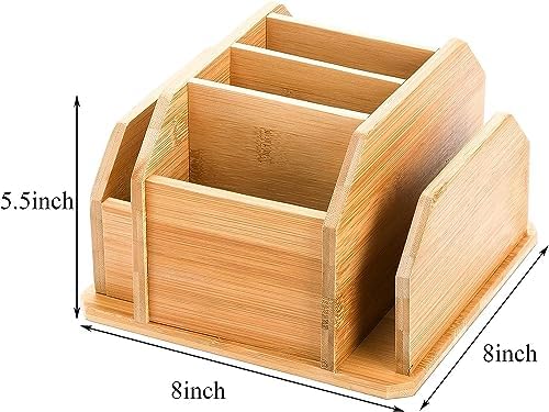 yarlung Bamboo Rotating Remote Control Holder for Table, 7 Compartments Office Supplies Organizer 360° Spinning Desktop Storage Caddy for Pen, Colored Pencil, Book Sewer, Sticky Notes