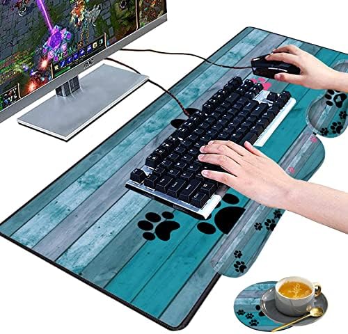 Large Gaming Mouse Pad, Keyboard Wrist Rest pad + Mouse Wrist pad + Coaster Set Extended Waterproof Non-Slip Table mat Suitable for Home Office Learning Games - Black and Pink Dog Paw Prints