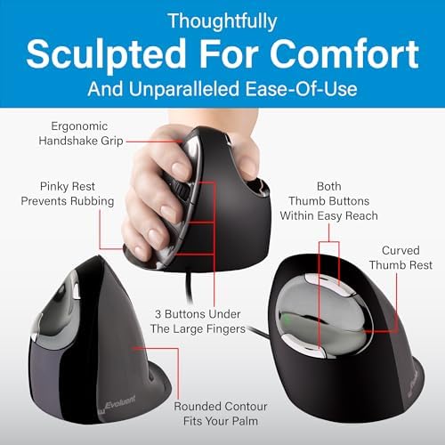 Evoluent – Inventor of The Vertical Mouse – VMDL Ergonomic Vertical Mouse Right Hand Large Wired USB, Sculpted for Comfort, Reduces Wrist Strain, 4 Speeds, 6 Customizable Buttons in Windows