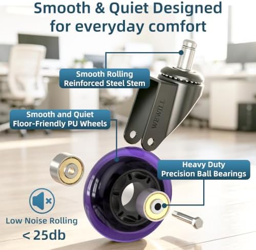 WEWILL Office Chair Wheels - Rubber Casters Replacement Universal Fit 98% Chair(Set of 5) Heavy Duty 3 Inch Smoothly & Quietly Safe for All Floor, Hardwood, Tile, Carpet, Noise Free - Purple