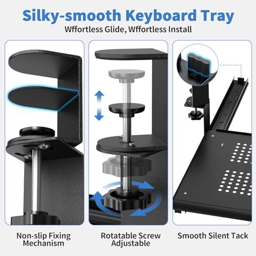 Keyboard Tray Under Desk - Full Metal Slide Out Holder, Rust-Resistant & Scratch-Proof, Double C-Clamps, 26x13" Tray for L Shape/Regular Desks, Standing/Sitting Workstation(Black-B)