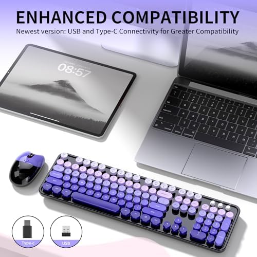 Wireless Keyboard and Mouse, 104 Round Keycaps Retro Typewriter Purple