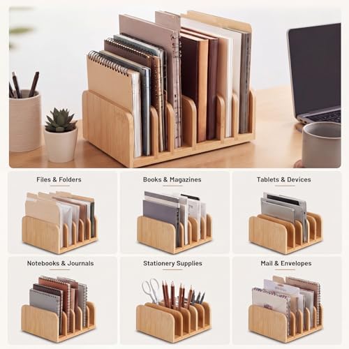 Lineshading Bamboo Letter Organizer, 5 Compartments Desk Mail Organizer, Desktop Envelope Holder and Letter Sorter, Countertop Paper File Holders with Anti Slip Mat for Home Office(Bamboo Color)