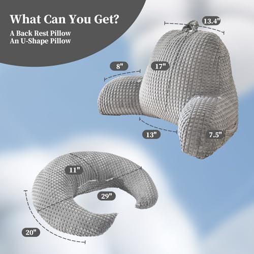 19" Reading Pillow for Bed,U Shaped Arm & Elbow Support,Gray Flannel