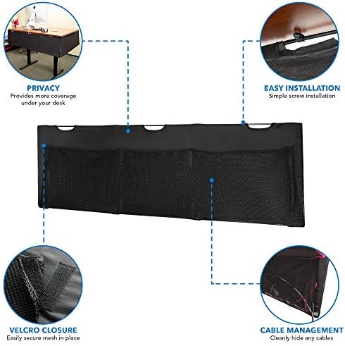 Mount-It! Under Desk Modesty Panel for Office Desks and Sit Stand Workstations [60 Inches Wide] Mesh Organizer Pockets for Cables and Wires (Black)