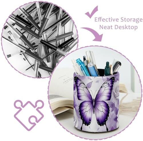 Butterfly Rose Purple Pen Holder Pencil Organizer Cute Pencil Cup Desk Decor Makeup Brush Holder PU Multifunctional Office Supplies for Home Classroom School