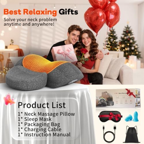 Cordless Heated Neck Massager Pillow for Pain Relief Deep Tissue, 3-in-1 Neck Shoulder Relaxer with Heat, Massage, Electric Stretch, Ergonomic Neck Cervical Traction Device for Gift